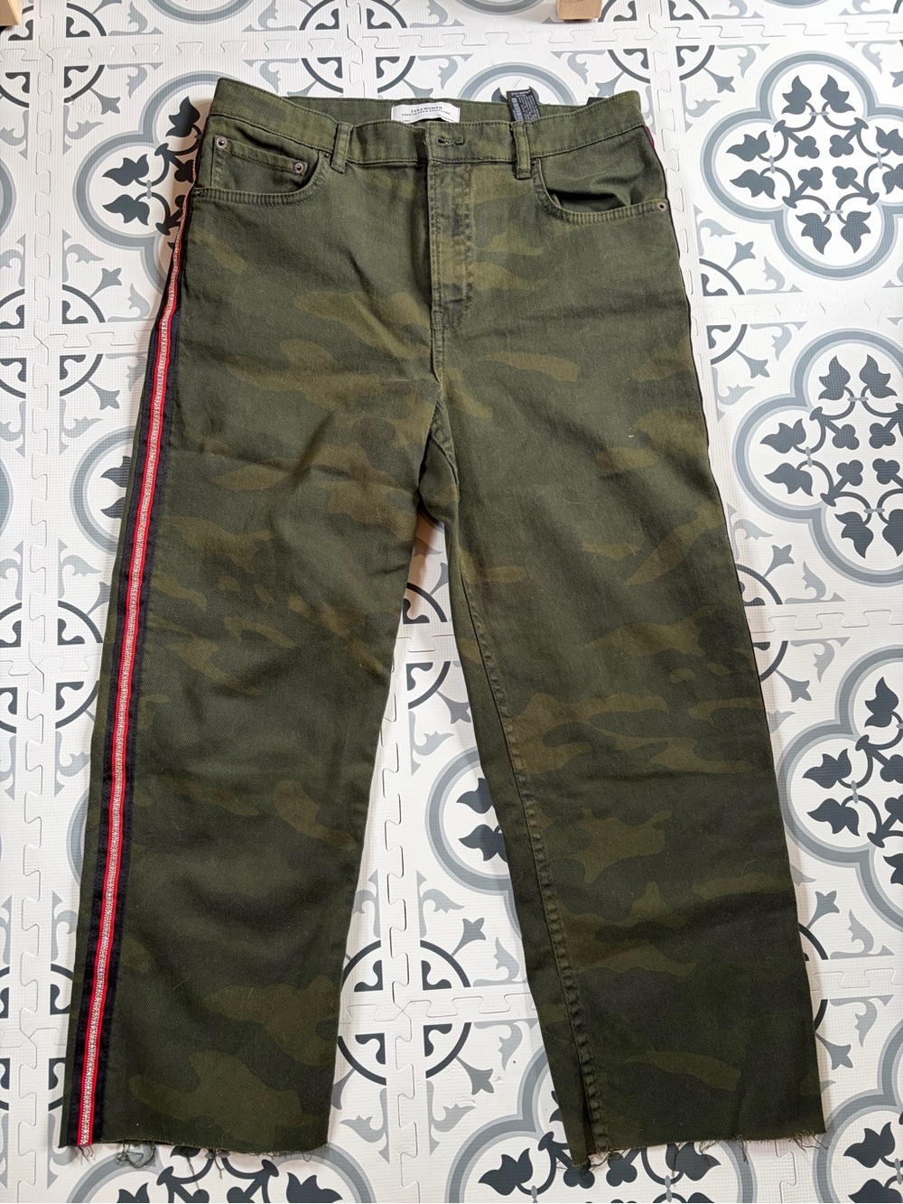 Zara Olive Green Camo Ankle Jeans with Red Side Stripe